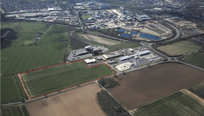 Potential New Industrial Park, Fornham Road, Bury St Edmunds, Industrial To Let / For Sale - Red line aerial showing AB Agri CGI.jpg