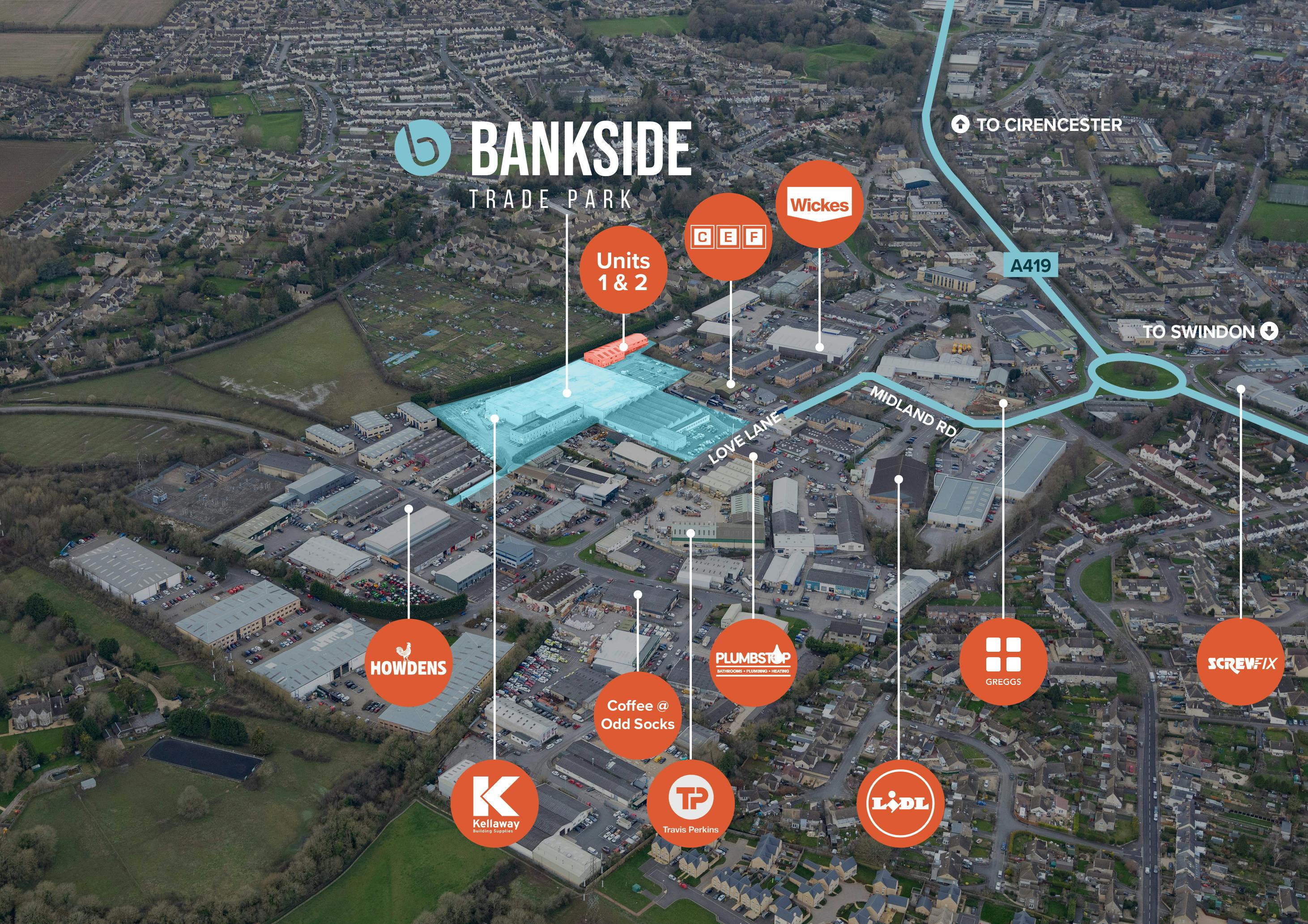 Units 1 & 2 Bankside Trade Park, Love Lane Industrial Estate, Cirencester, Industrial / Other To Let - BANKSIDE-TP-AERIAL.jpg