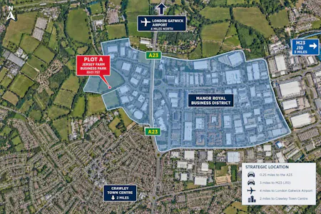 Plot A, Jersey Farm Business Park, County Oak Way, Crawley, Development Land For Sale - Aerial location map with Manor Royal.jpg