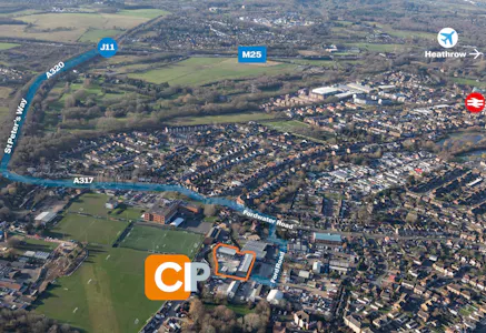 Unit 4 Chertsey Industrial Park, Ford Road, Chertsey, Industrial / Warehouse To Let - Aerial marked up.jpg